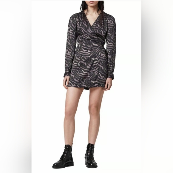NWT ALLSAINTS Irina Remix Romper UK 10 / US 6 Gray Animal Print Wrap Front - Picture 4 of 16